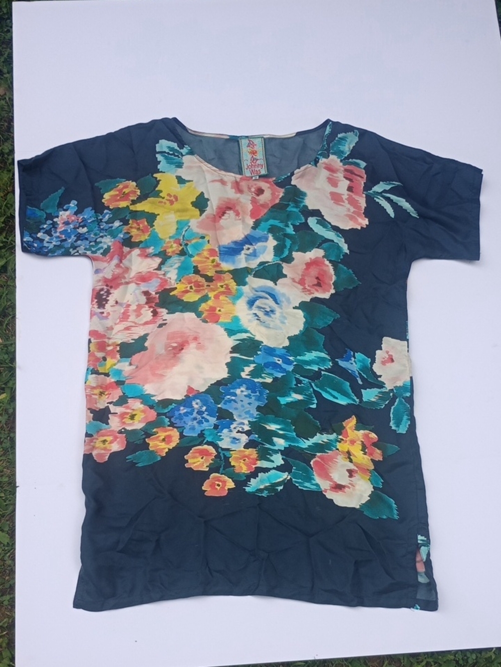 Johnny Was Floral Tunic Dress Top Navy Multicolor 100 % Silk Women's Medium